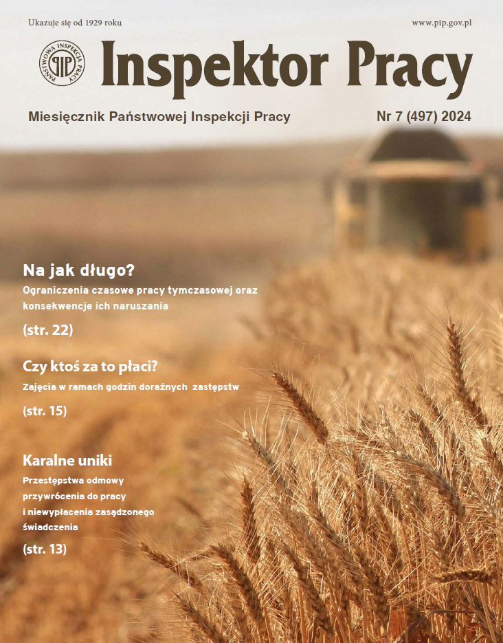 Zdjęcie okładki miesięcznika Inspektor Pracy: łany zboża, w tle kombajn