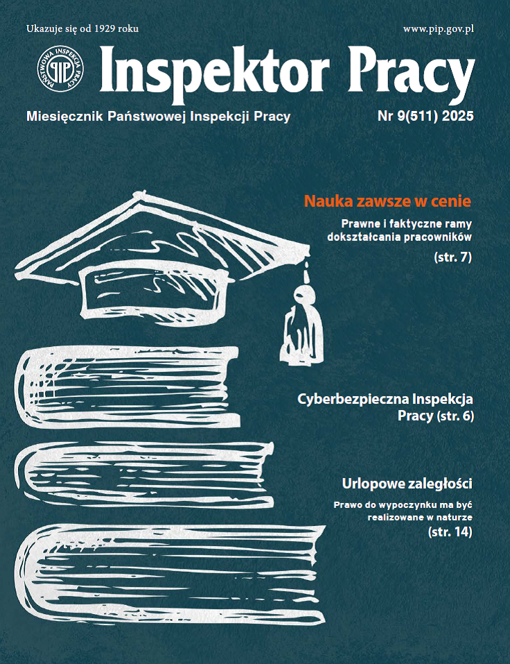 Okładka numeru wrześniowego Inspektora Pracy, grafika przedstawiająca książki i biret
