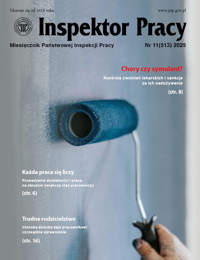 Okładka listopadowego numeru "Inspektora Pracy" przedstawiająca dłoń z wałkiem do malowania ściany