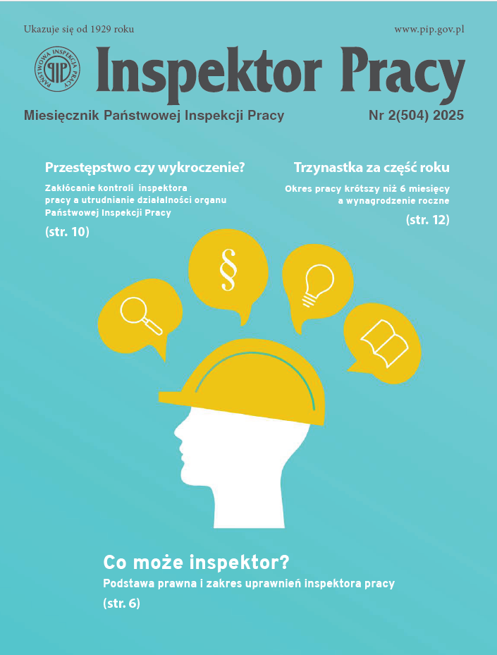 Na okładce grafika: profil głowy w kasku, nad którą unoszą się ikonki żarówki, paragrafu, książki oraz lupy.